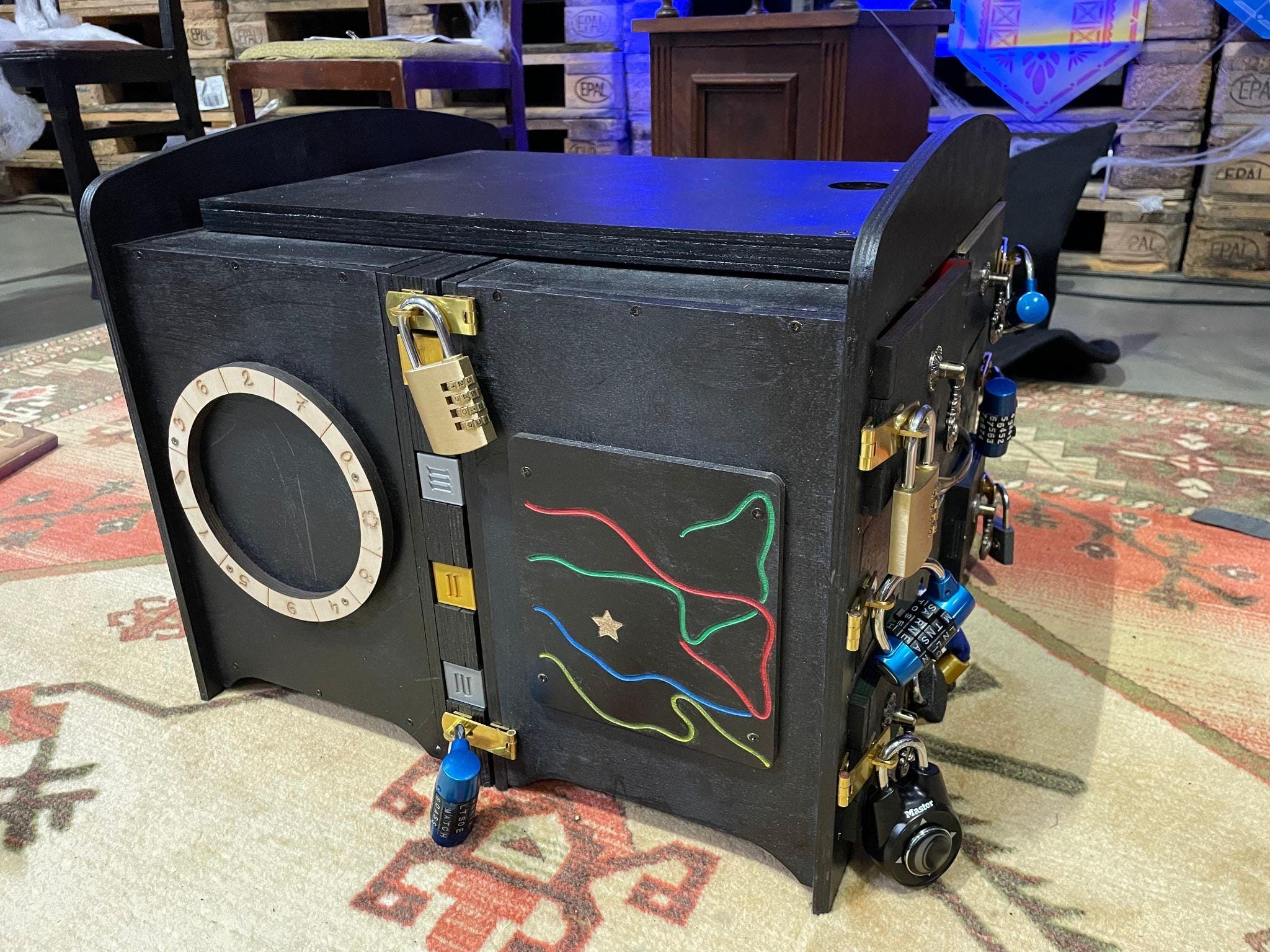 Zamknięta skrzynia z licznymi kłódkami i szyframi – zagadka Magic Box